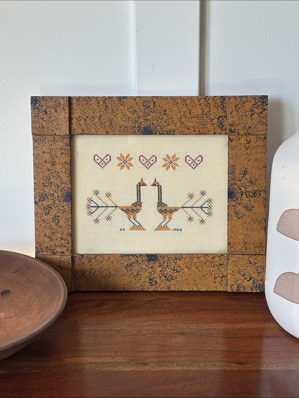 Vintage 1983 Framed Cross Stitch Folk Art Birds Peacocks Hearts Needlework